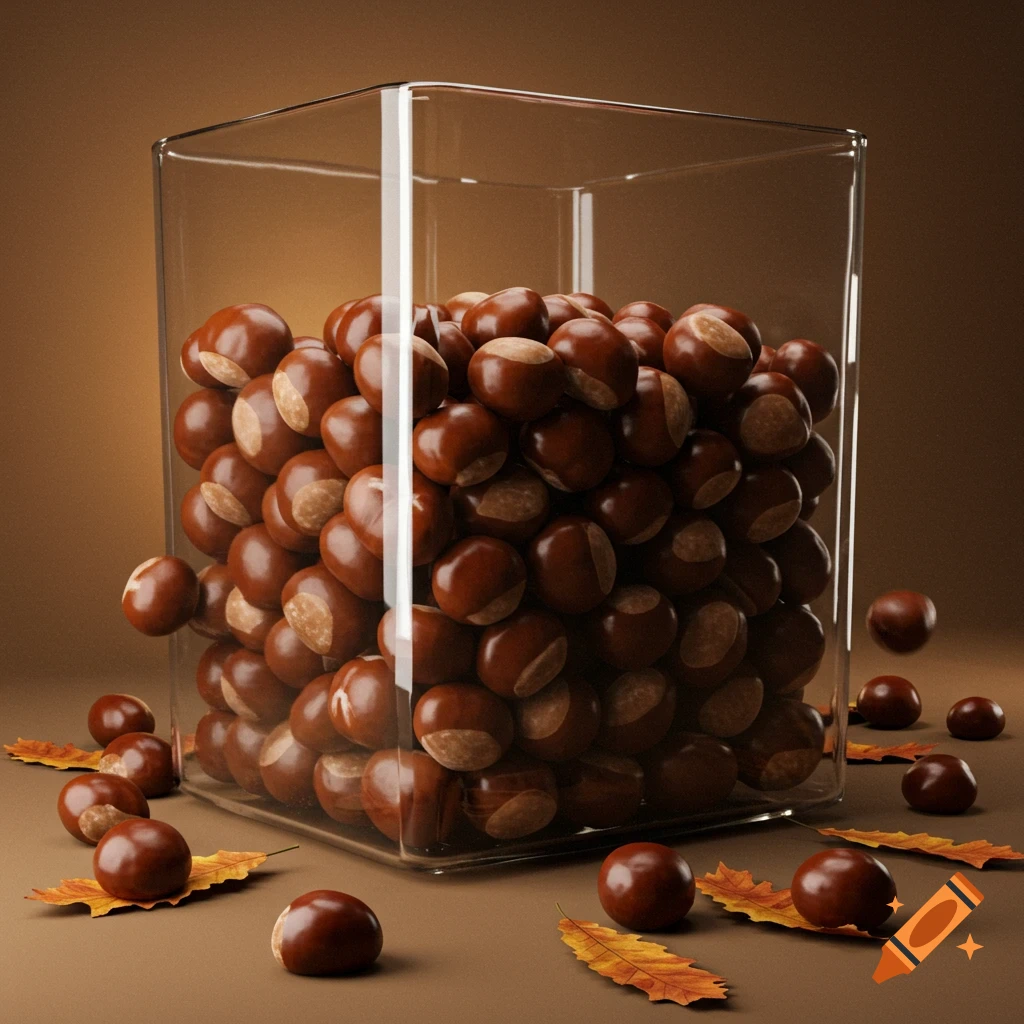 Photorealistic image of a clear glass cube filled with shiny brown chestnuts, with more chestnuts and autumn leaves on a brown surface.