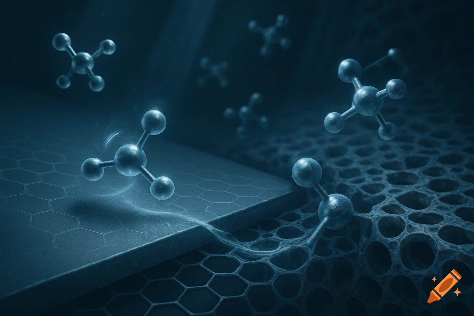 3D render of molecules interacting with a dark blue surface, showing hexagonal and porous textures, illustrating adsorption.