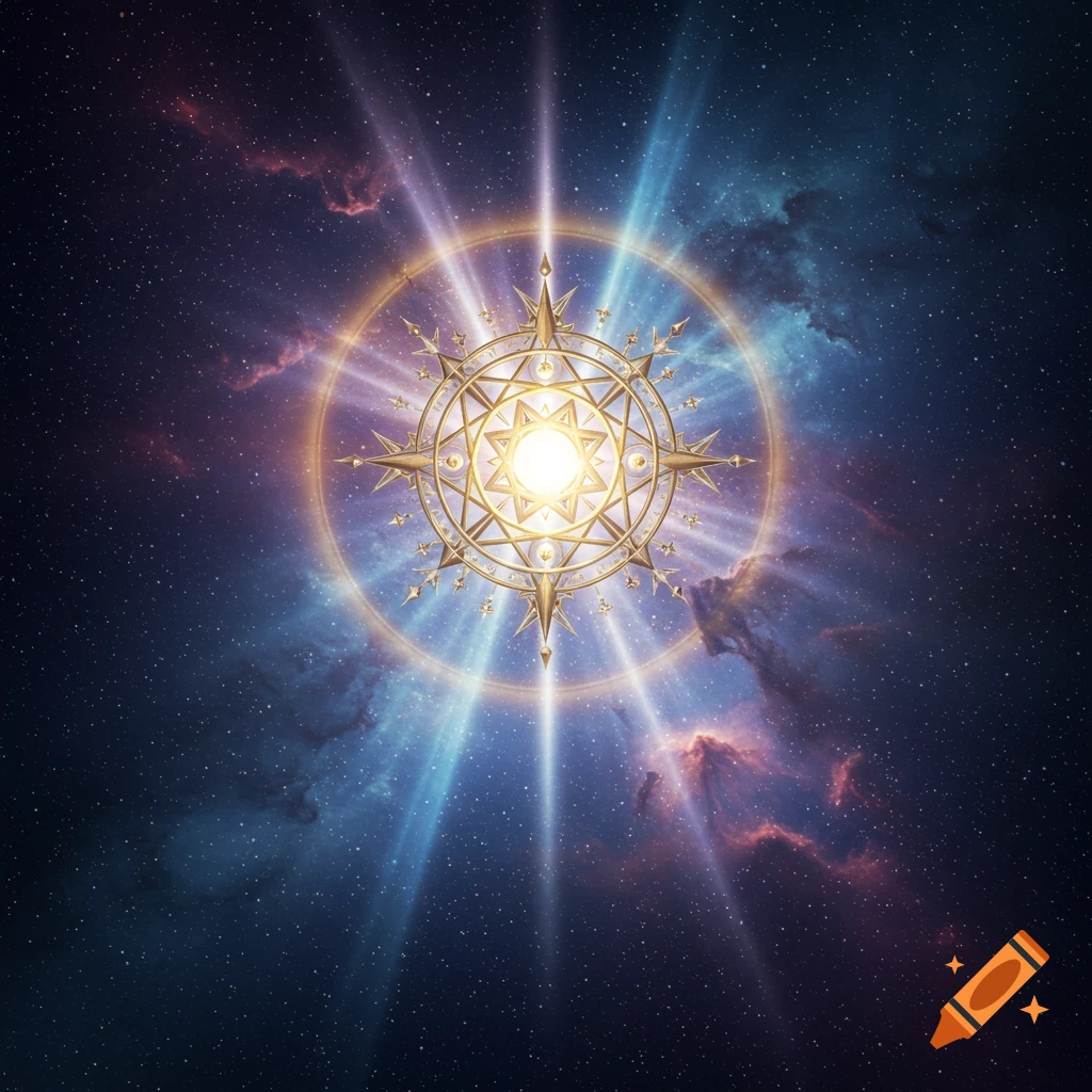 A glowing golden celestial symbol with intricate patterns, radiating light in a starry nebula.