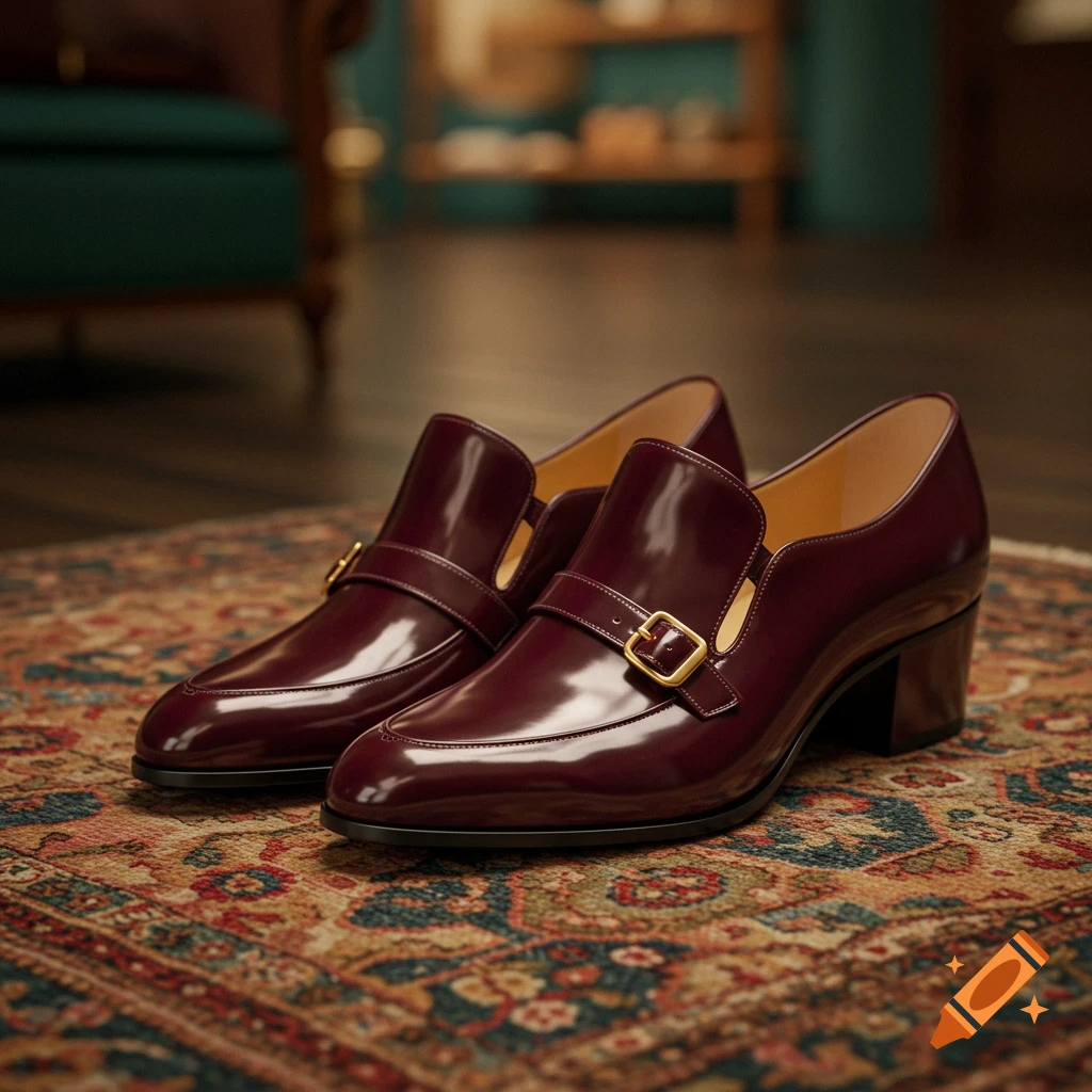 A photorealistic image of a pair of shiny burgundy women's dress shoes with gold buckles, resting on an ornate patterned rug.