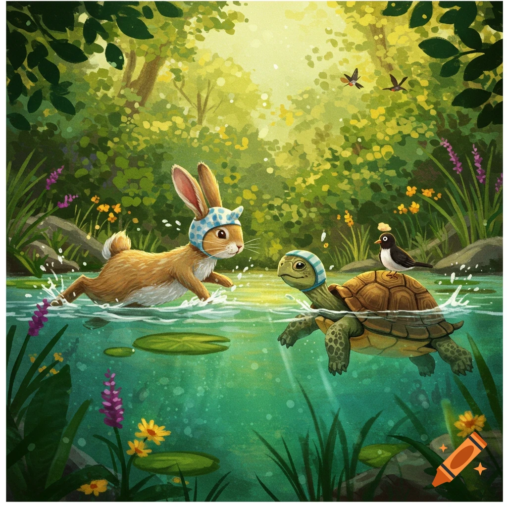 A whimsical illustration of a rabbit and turtle in swim caps racing through a pond in a bright green forest, with a bird riding the turtle.