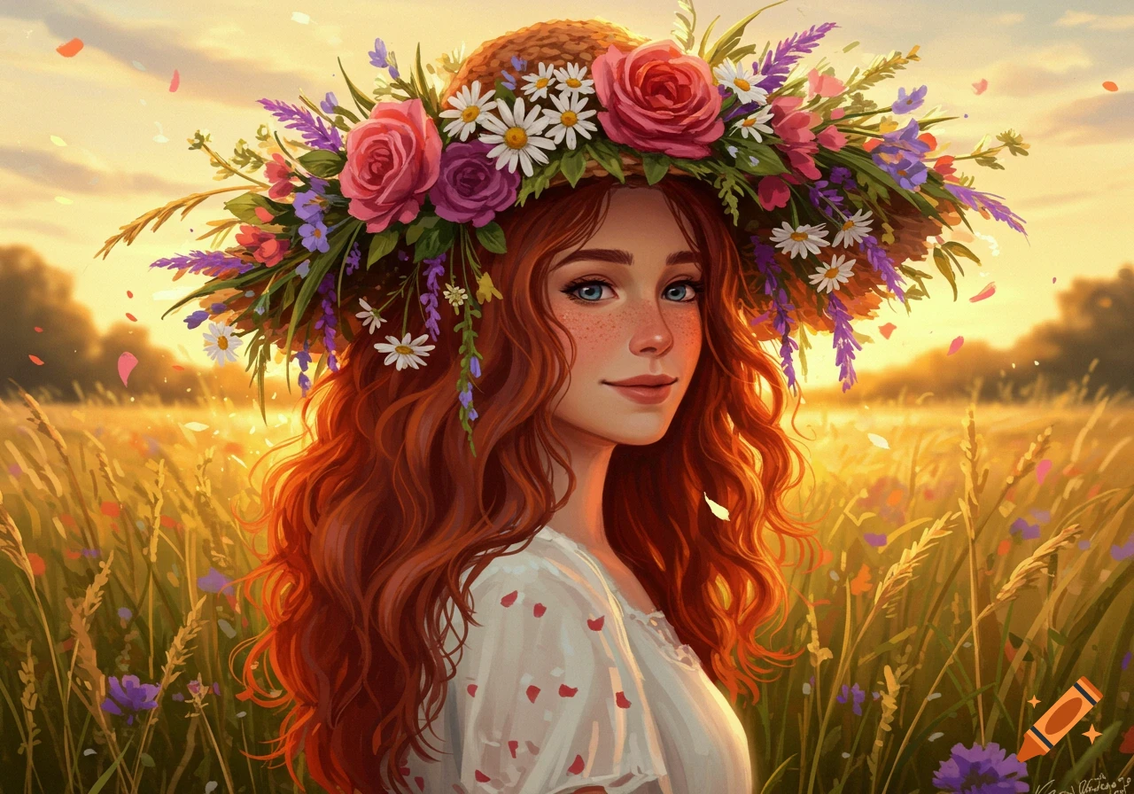 A red-haired woman with freckles and blue eyes wears a straw hat covered in colorful flowers in a sunlit field at sunset.