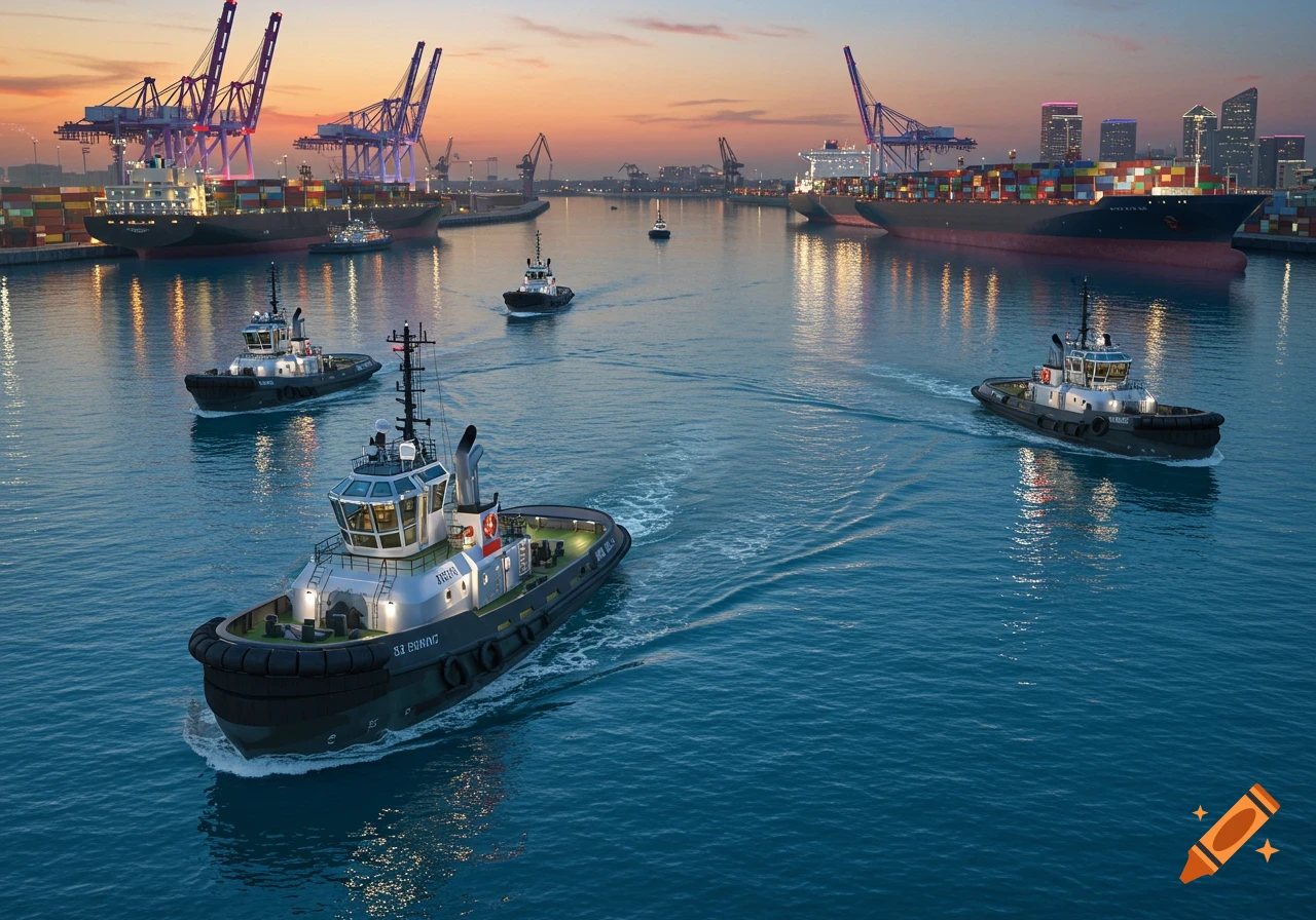 CGI image of several tugboats and large cargo ships at a busy industrial port during sunset, with a city skyline in the background.