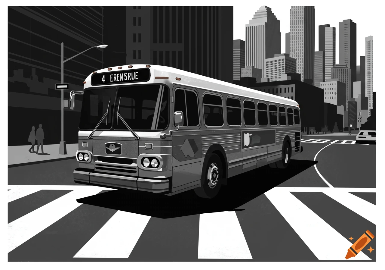A black and white illustration of a large public bus driving towards a crosswalk in a bustling city with tall buildings.