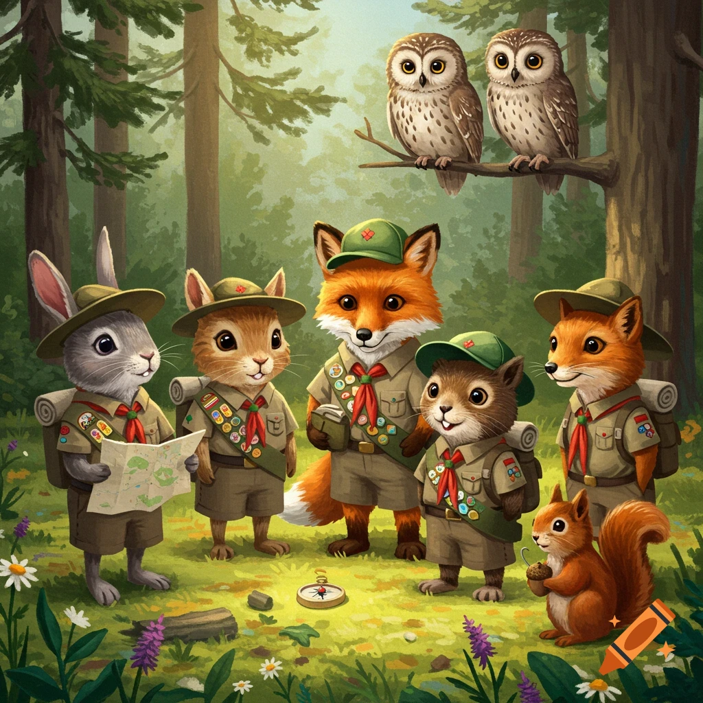 Anthropomorphic forest animals, including a rabbit, foxes, squirrels, and owls, dressed as scouts in a lush forest clearing. One scout holds a map.