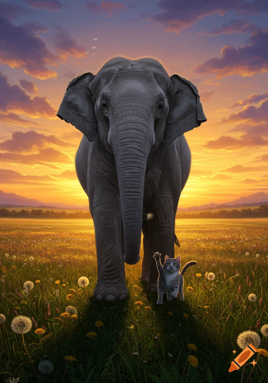 A large elephant and a small cat stand in a grassy field with dandelions under a vibrant sunset sky.