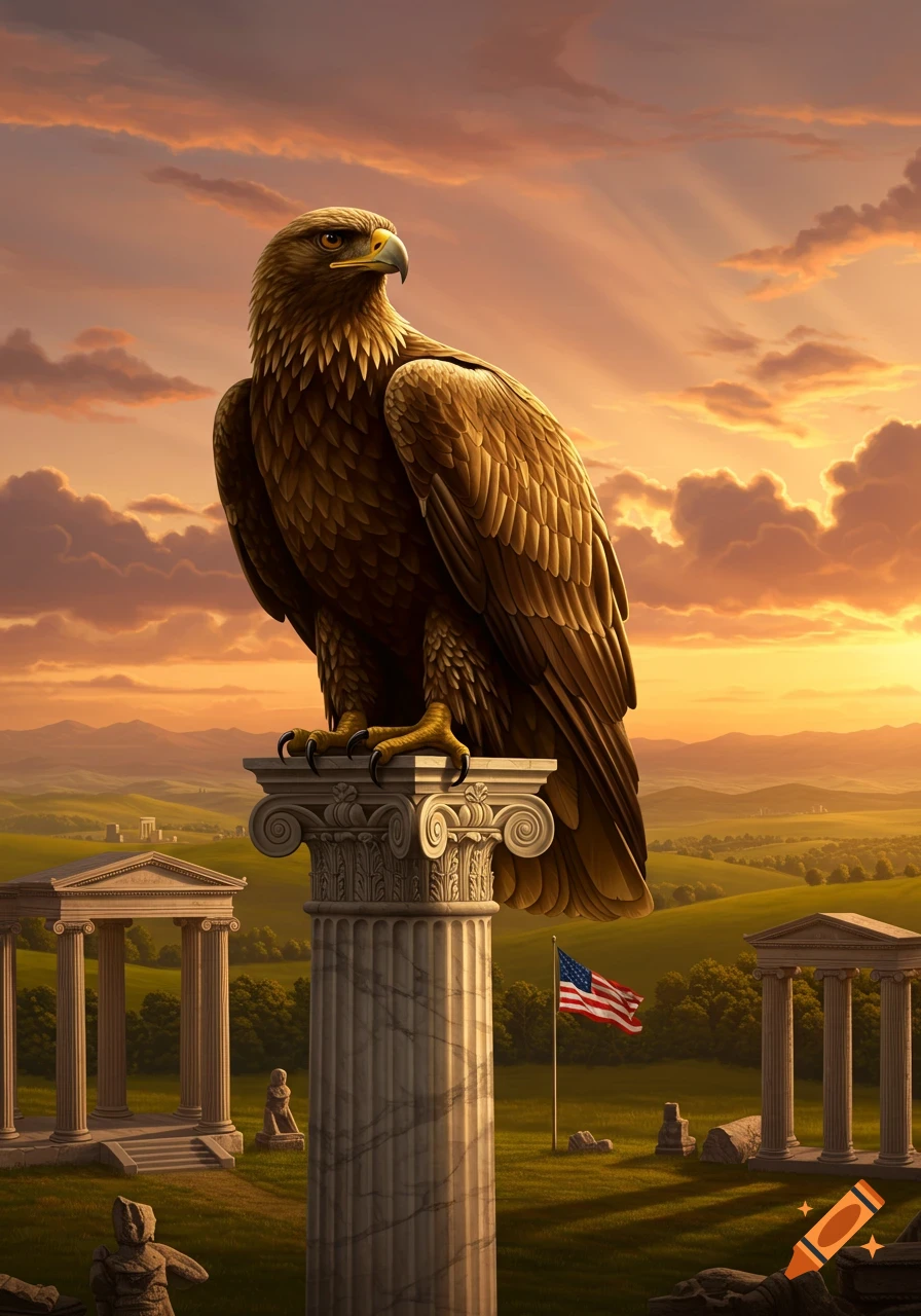 A majestic eagle perches on a marble column amidst ancient ruins and rolling hills, with an American flag under a dramatic sunset sky.