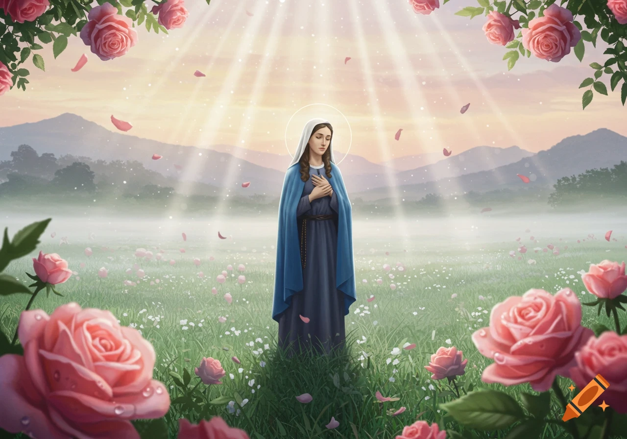 Illustrated depiction of a serene woman, resembling a saint, standing in a misty field of pink roses with light rays shining down.