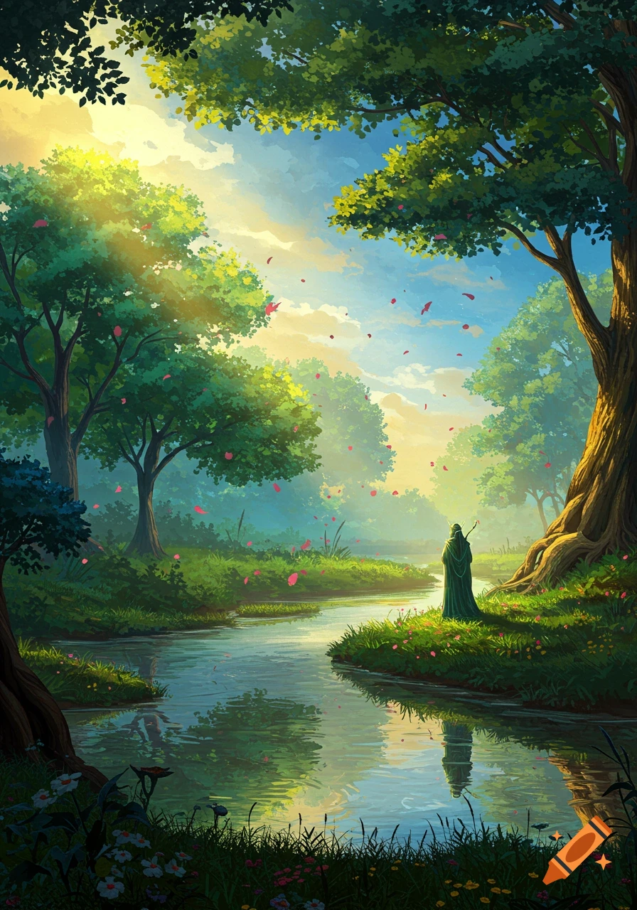 A robed figure stands by a winding river in a vibrant, sunlit fantasy forest with pink petals falling, digital painting.