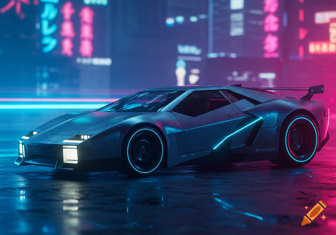 A futuristic grey sports car with blue neon lights on a wet road, reflecting pink and blue city lights in a cyberpunk style.