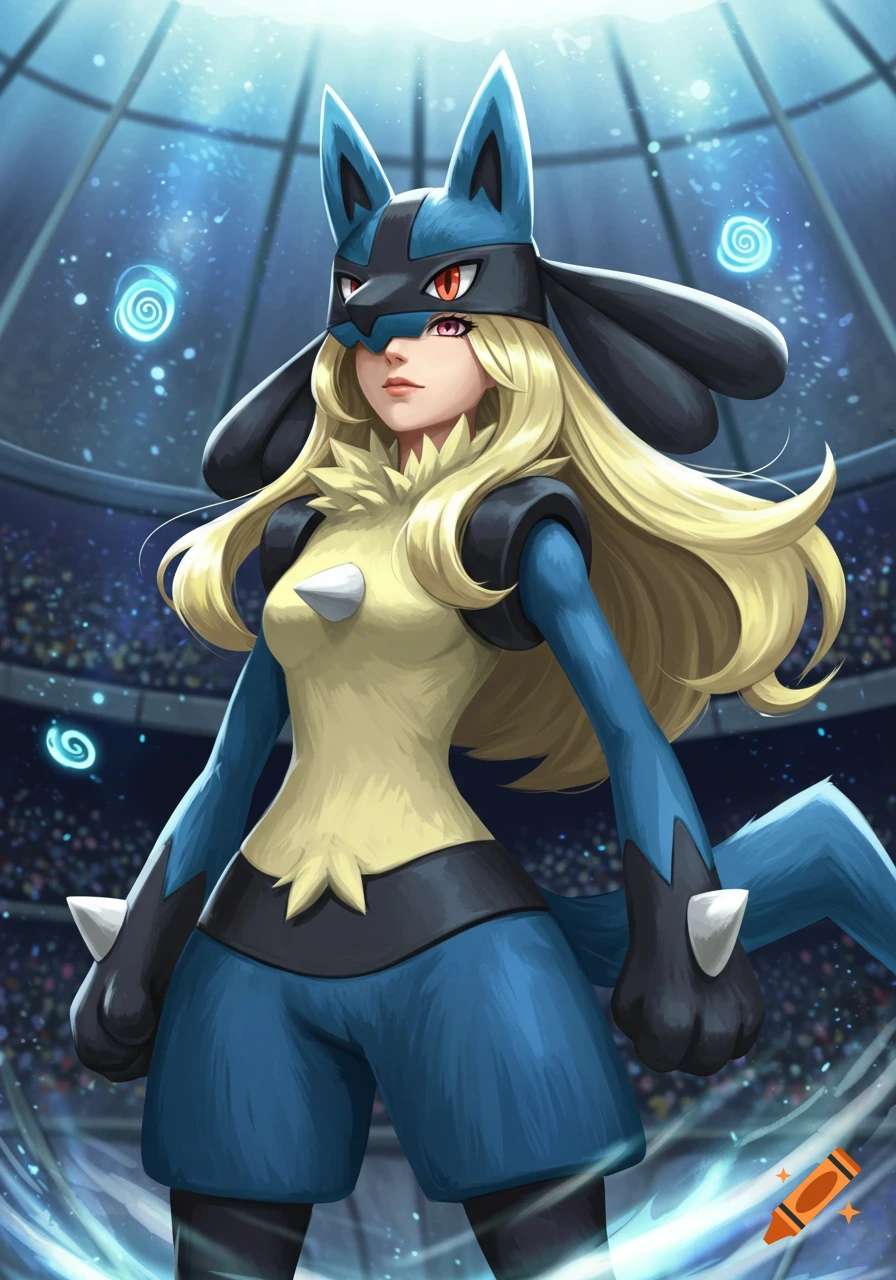 A blonde woman cosplaying as Lucario stands confidently in a bright arena with glowing blue energy effects.