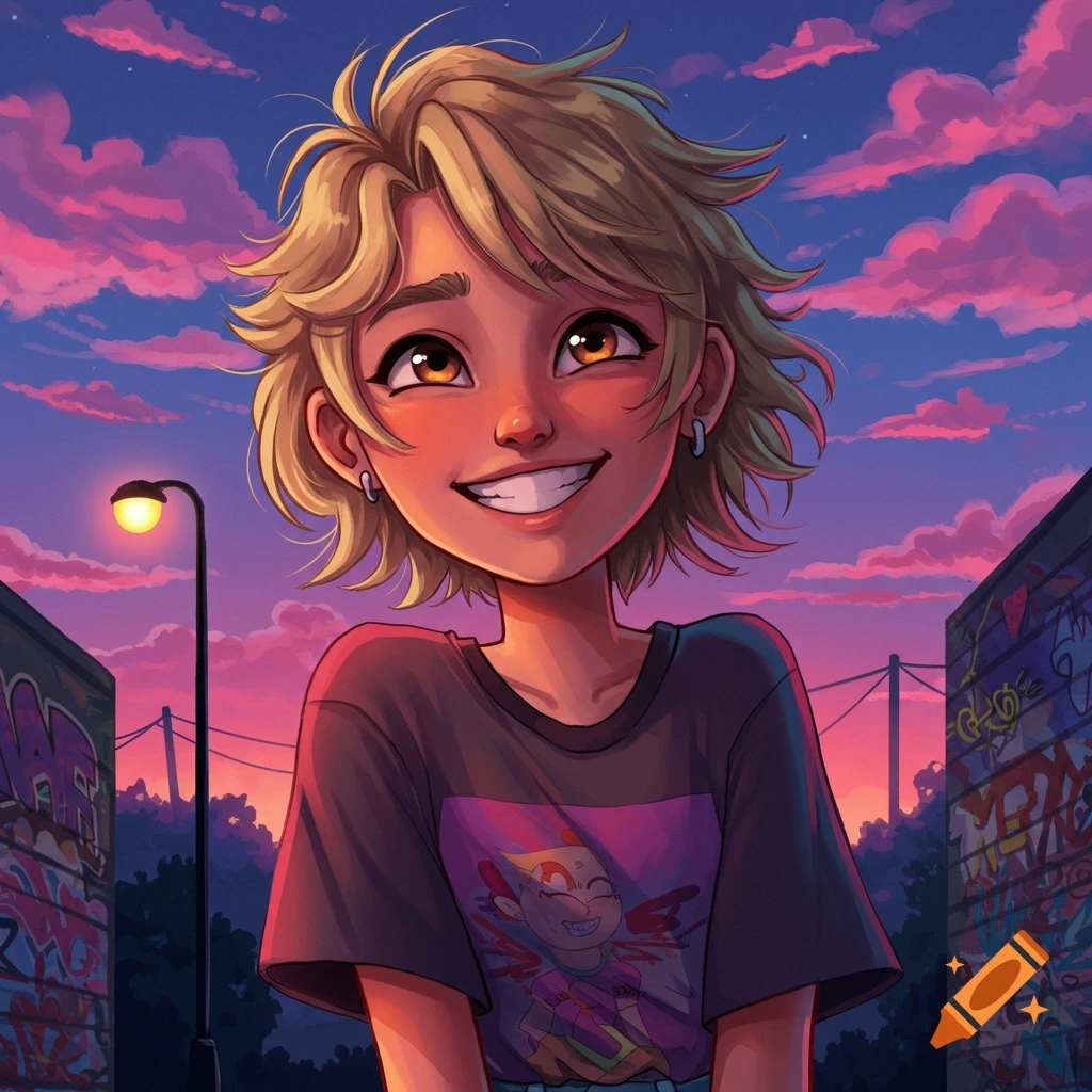 An animated girl with short dirty blonde hair and brown eyes smiles brightly at sunset, with a street lamp and graffiti walls behind her.