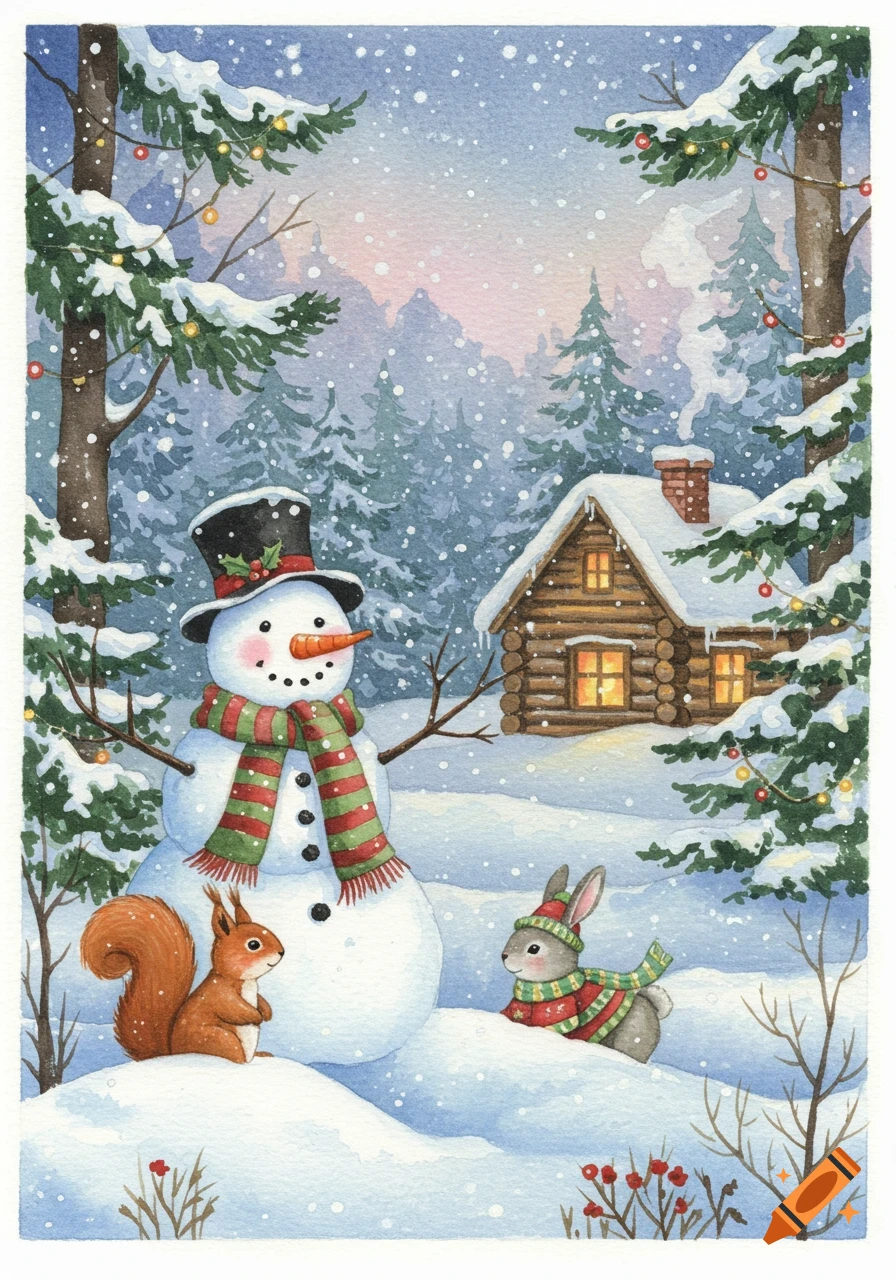 A charming watercolor illustration of a snowman, squirrel, and rabbit in a snowy forest scene with a cozy cabin.