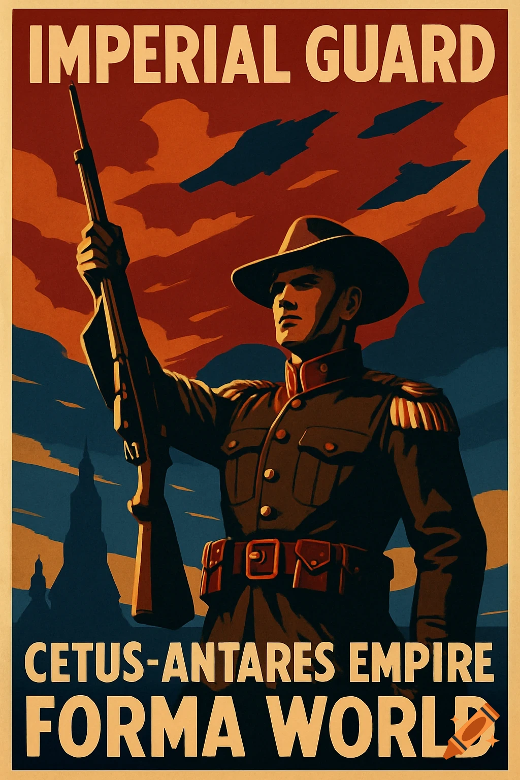 A vintage propaganda poster shows a uniformed soldier with a rifle, promoting the Imperial Guard of the Cetus-Antares Empire.
