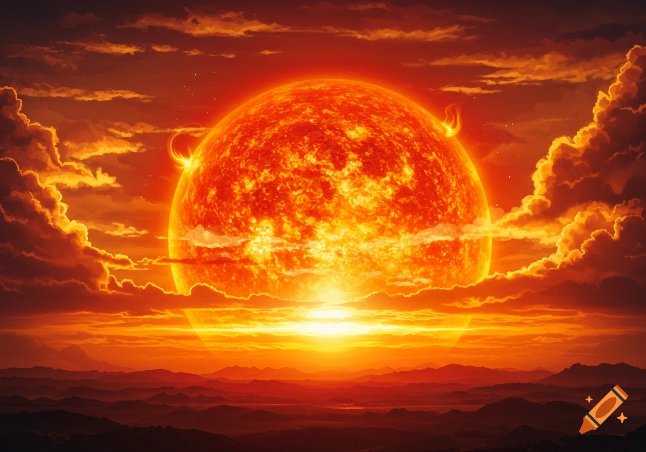 A huge, fiery orange and red sun with solar flares over a dark mountainous landscape under a cloudy, reddish sky, in an illustrative style.