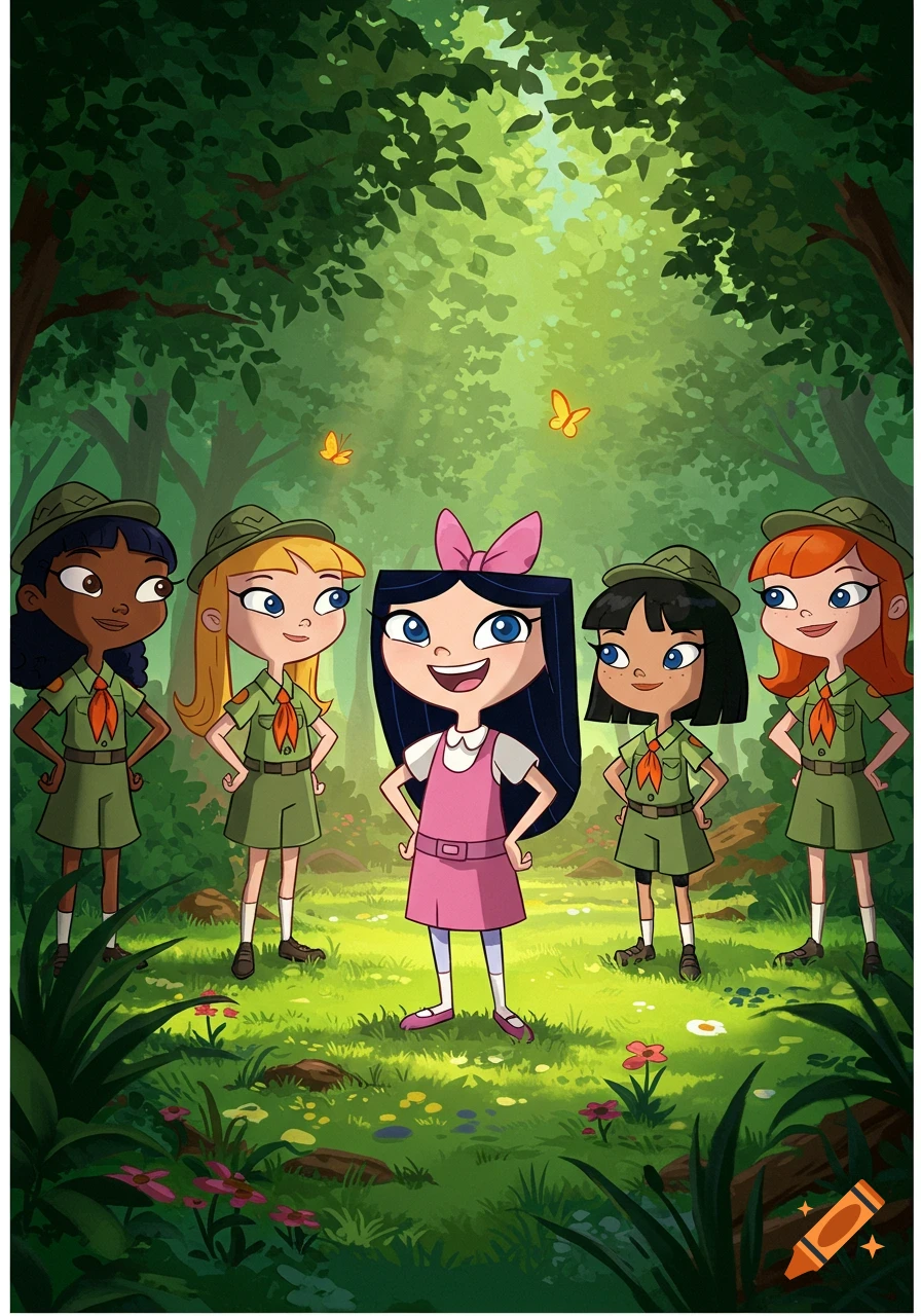 Cartoon characters Isabella and the Fireside Girls stand in a lush forest with butterflies.