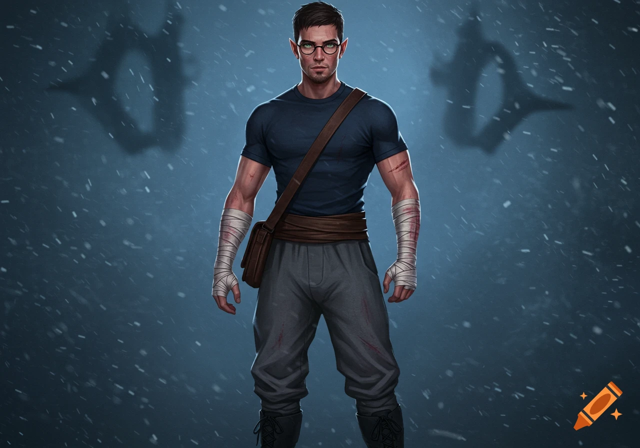 A photorealistic portrait of a serious half-elf monk-fighter with bandages, scars, and a satchel, standing in falling snow with shadowy figures in the background.