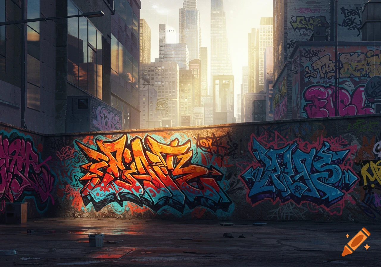 An urban alleyway adorned with vibrant, colorful graffiti on concrete walls, with towering city buildings in the sunlit background.