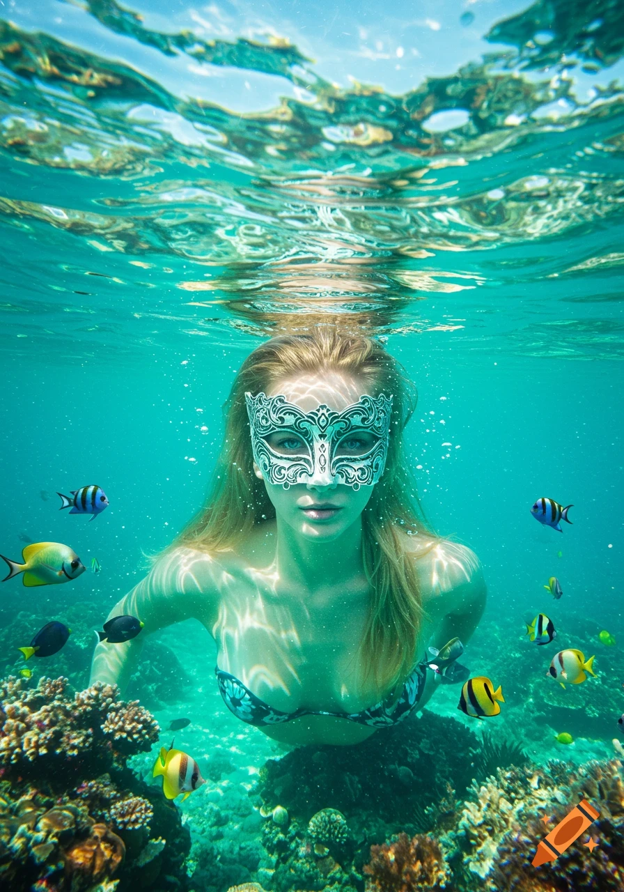 Blonde woman with an ornate mask swims underwater in a turquoise sea with colorful fish and coral.