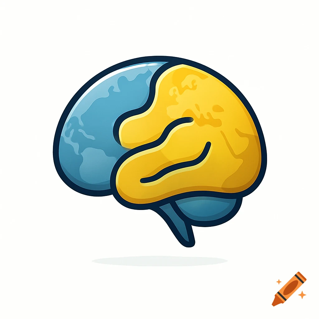 Minimalist logo of a brain, one hemisphere blue with faint continents, the other yellow, on a white background.