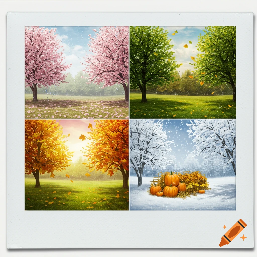 A four-panel Polaroid showing the seasons: spring with cherry blossoms, summer, autumn with falling leaves, and snowy winter with pumpkins.