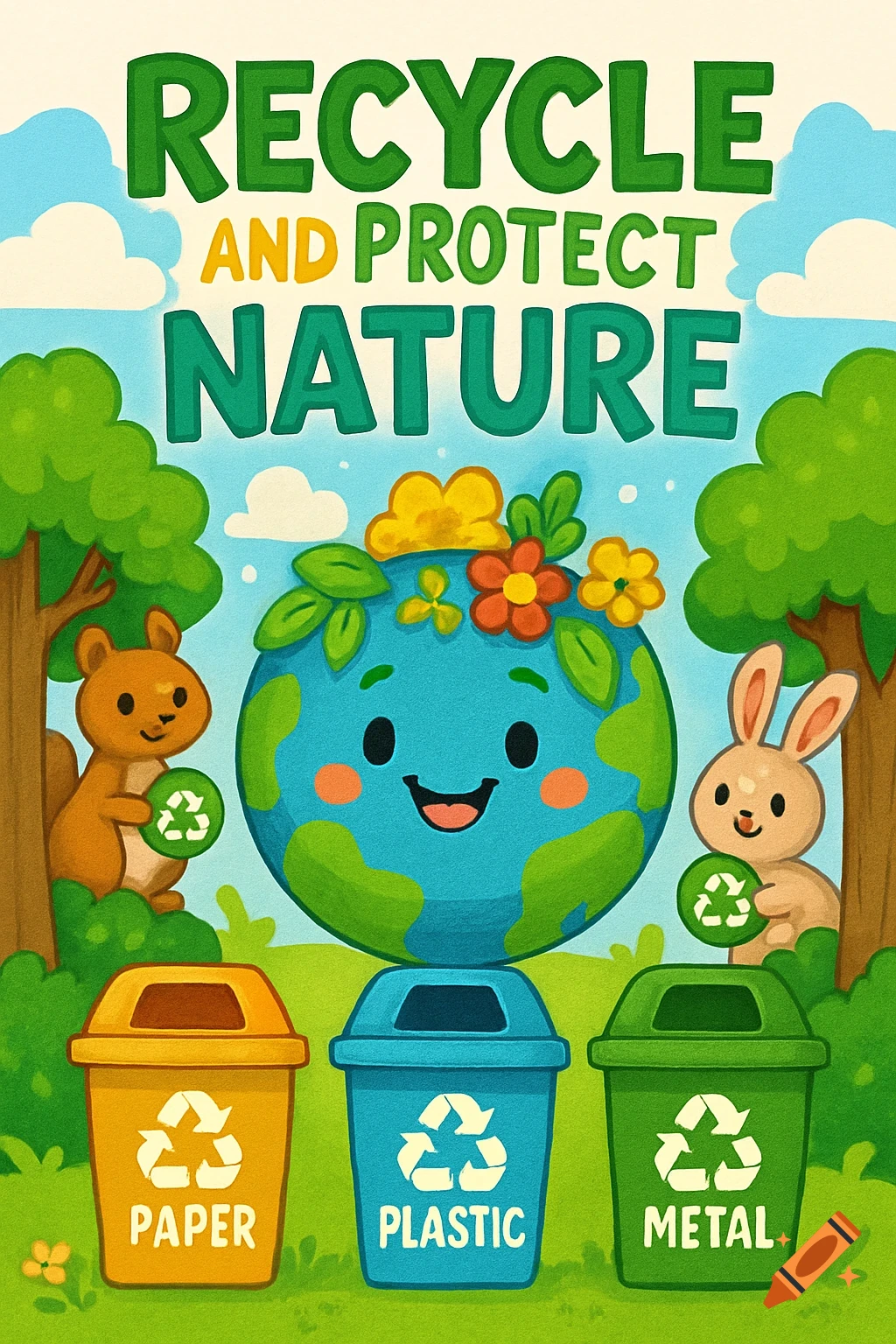 A cartoon poster encouraging recycling and nature protection, with a smiling Earth, a squirrel, a bunny, trees, and labeled recycling bins.