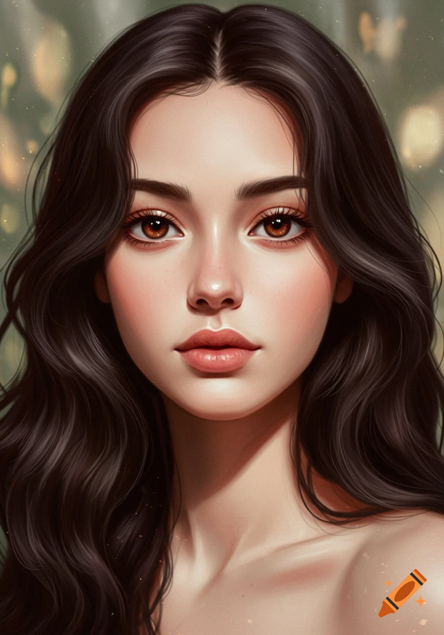 Digital art portrait of a young woman with dark hair and eyes, looking directly at the viewer.