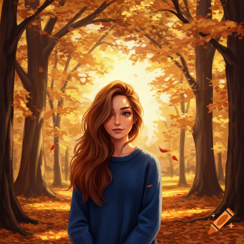 Digital art illustration of a young woman with long brown hair and a blue sweater, standing in a sunlit autumn forest.