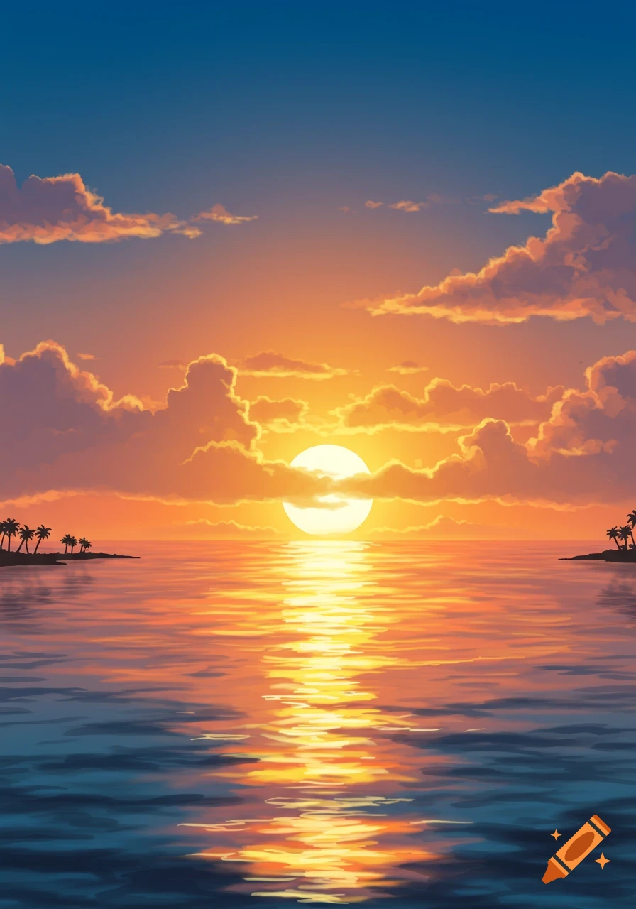 A vibrant illustration of a sunset over the ocean with palm tree silhouettes on small islands, reflecting in the water.