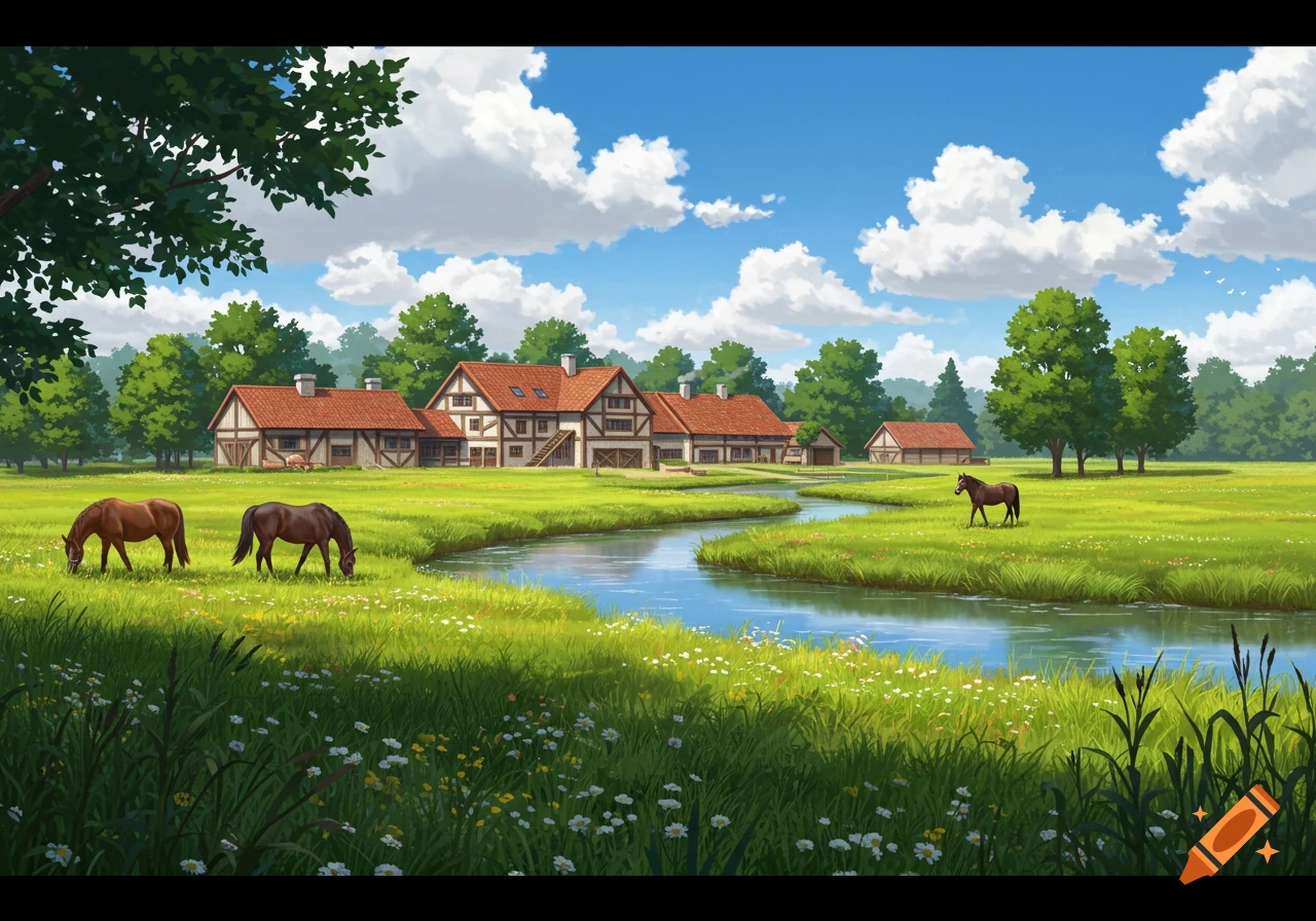 Three horses graze by a winding river in a lush green meadow, with large, traditional farm buildings and trees under a blue, cloudy sky.