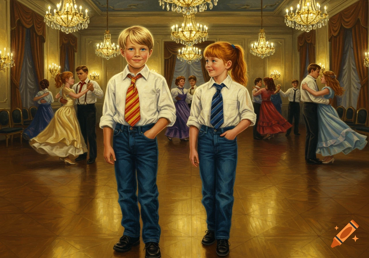 A blond boy and a red-haired girl in ties and jeans stand in a grand ballroom with dancing couples, realistic art style.