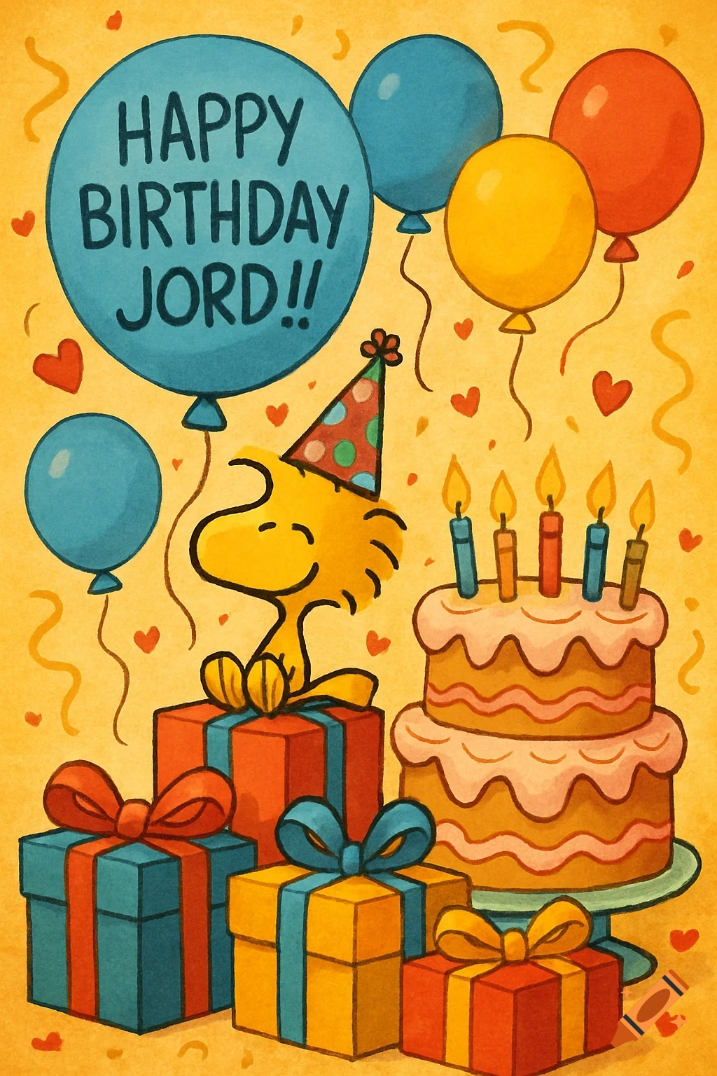 A cute cartoon drawing of Woodstock wearing a party hat, sitting on a gift among other presents, balloons, and a birthday cake. A blue balloon says 'Happy Birthday Jord!!'