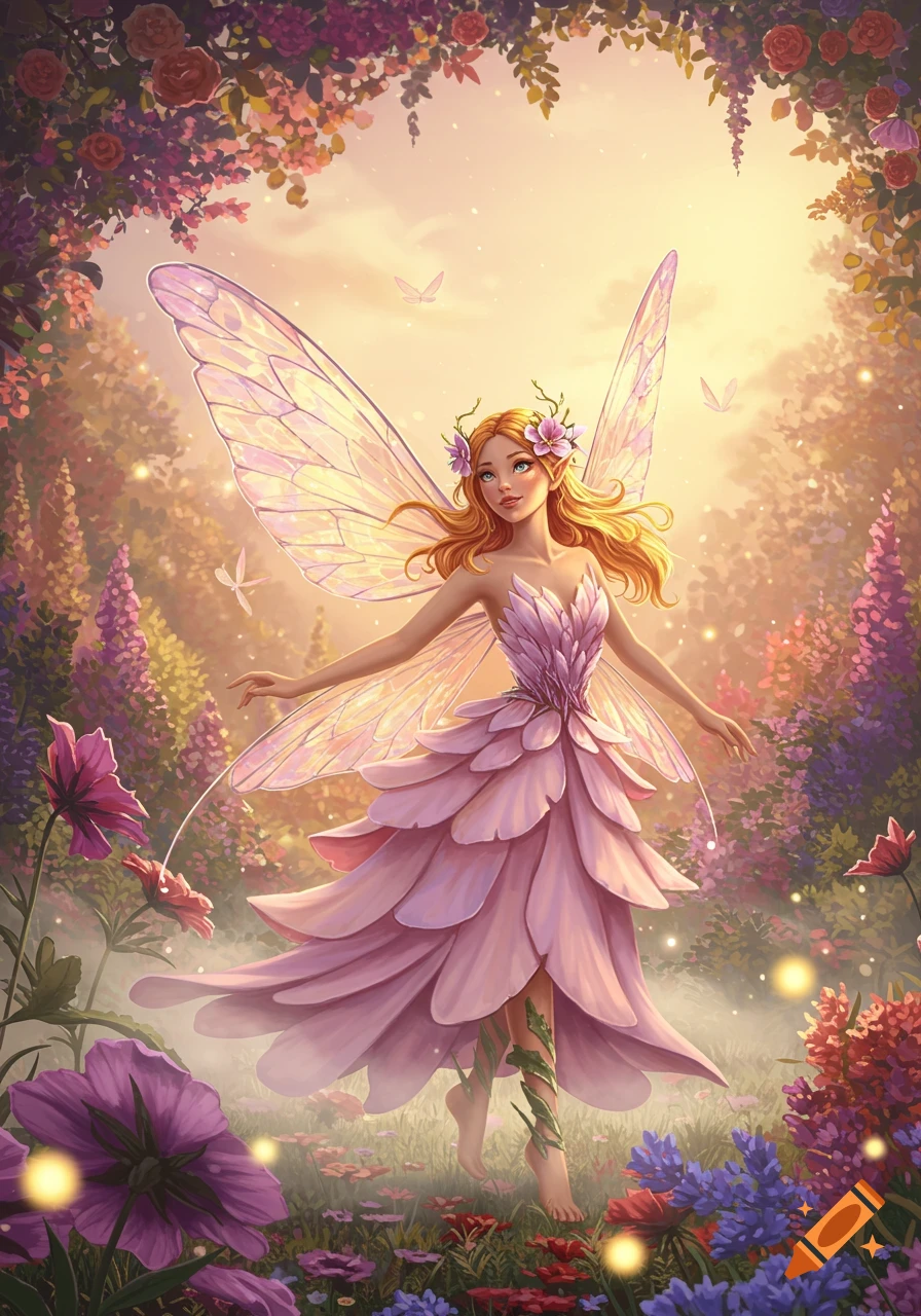 A graceful fairy with blonde hair, pink petal dress, and delicate wings stands in a magical garden surrounded by colorful flowers and glowing lights.