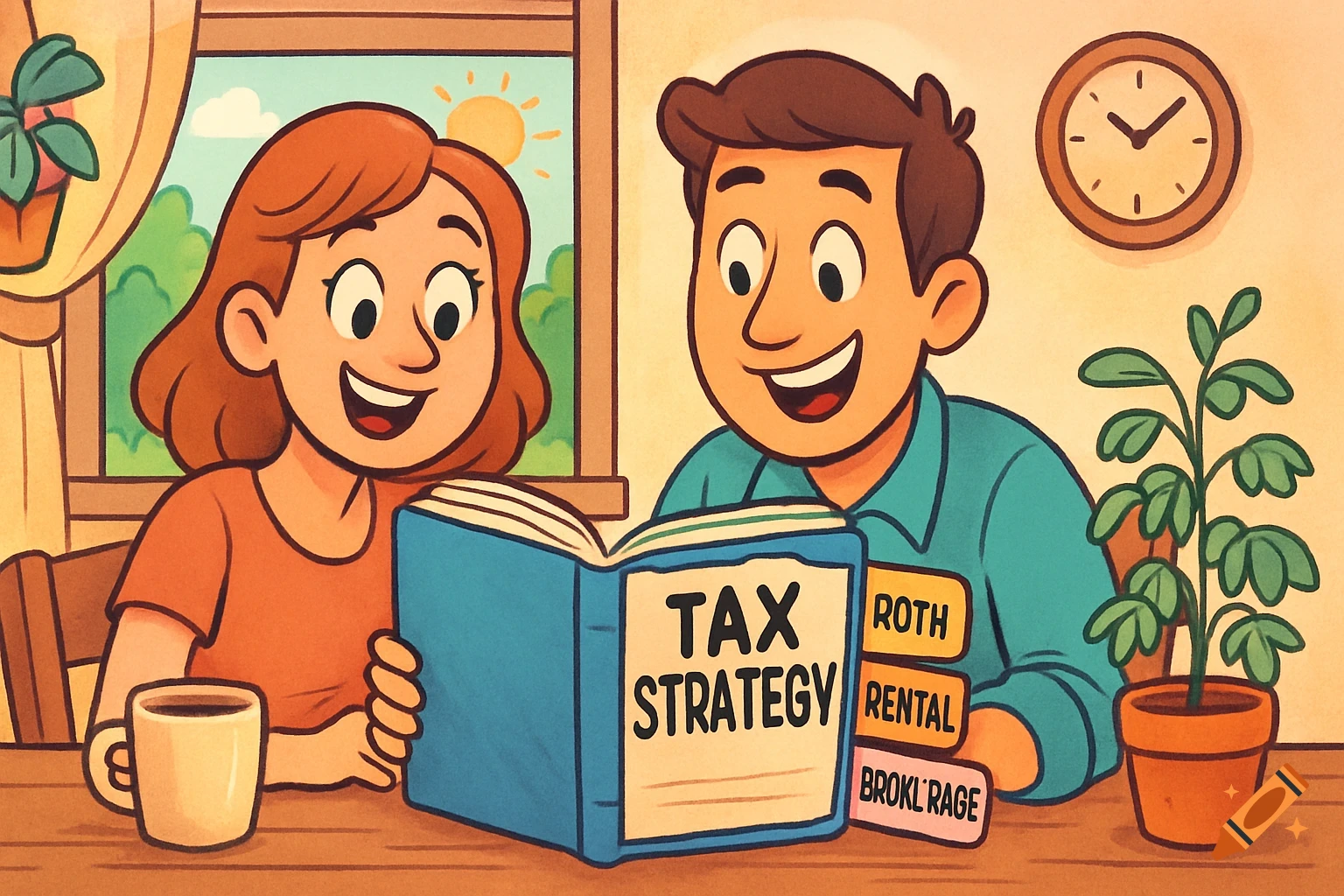 Cartoon illustration of a smiling couple looking at a 'Tax Strategy' book with financial tabs.