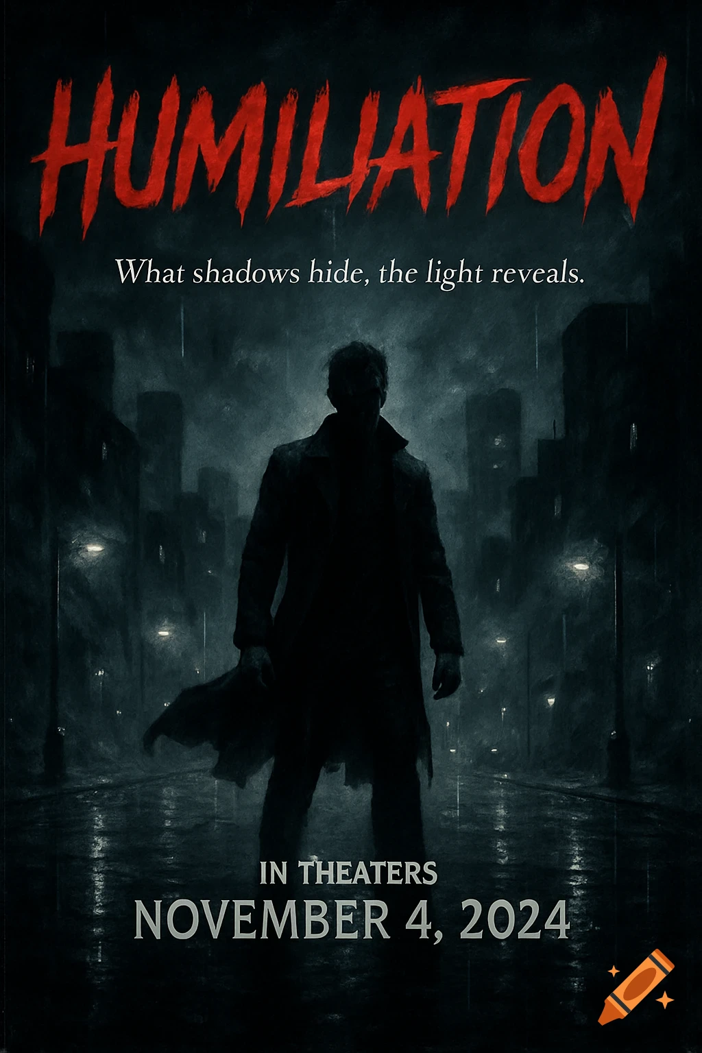 Dark movie poster for 'Humiliation' featuring a silhouetted man in a coat on a rainy city street with a tagline and release date.