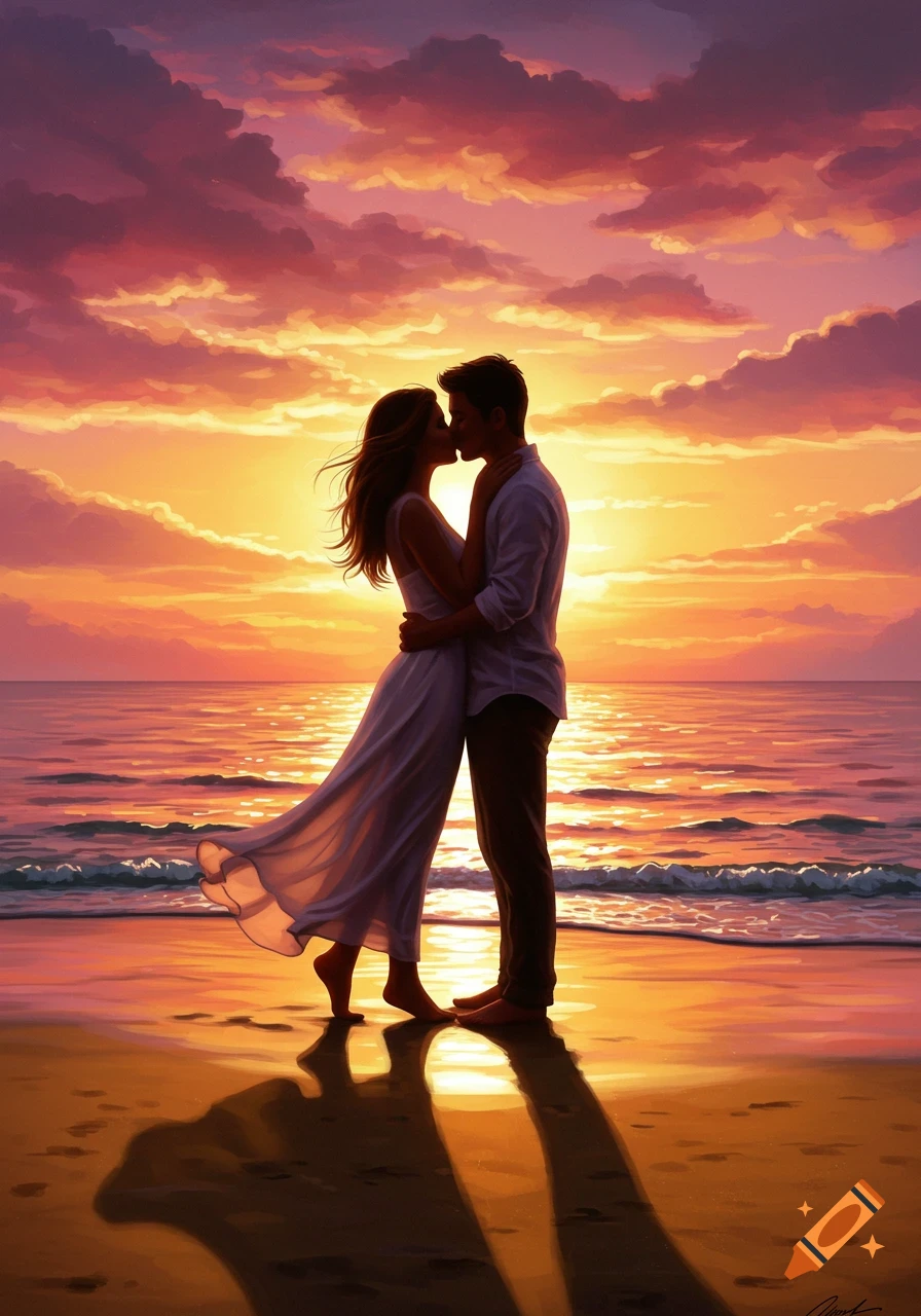 A romantic couple kisses on a beach with a vibrant sunset and crashing waves in a painterly style.