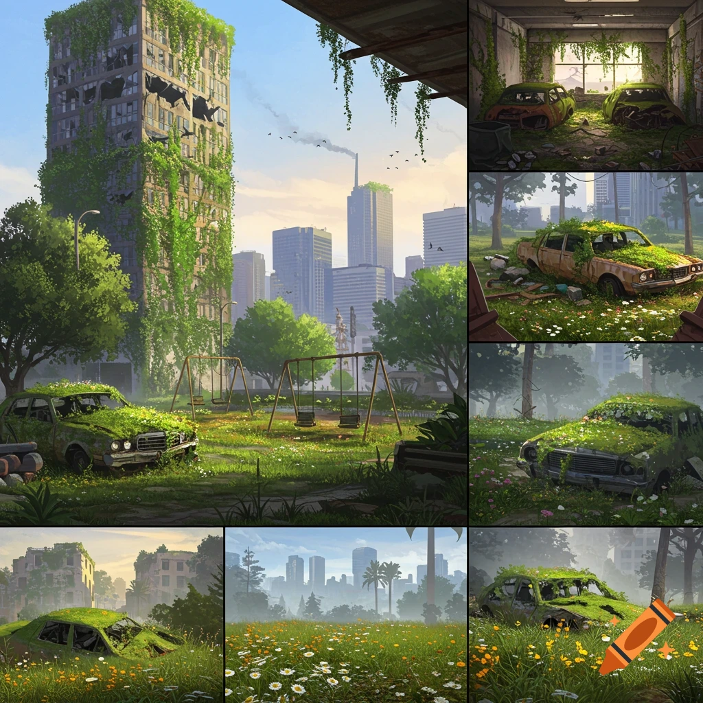 A collage of abandoned urban scenes with buildings, cars, and a playground overgrown with lush green nature.