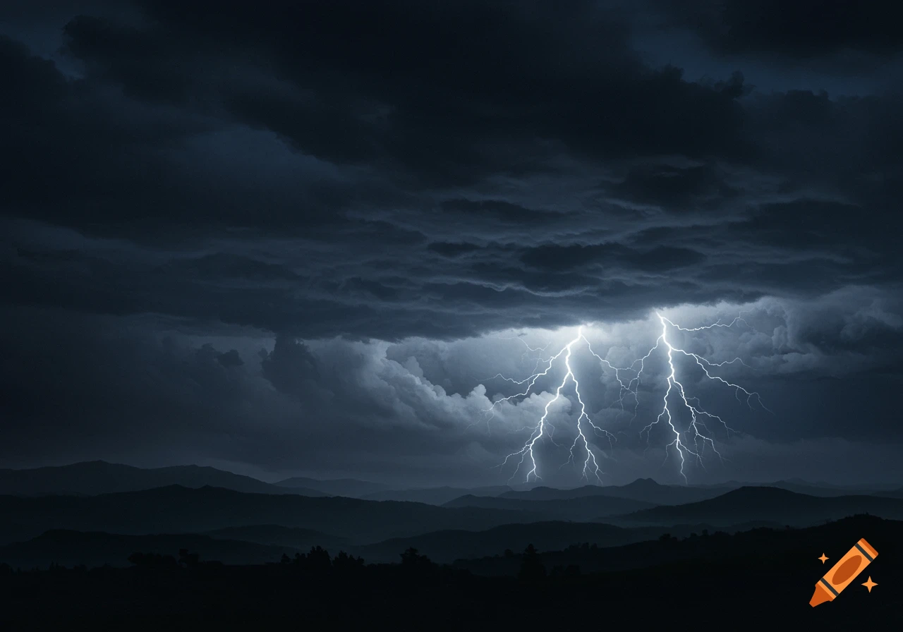 Dramatic dark stormy sky with bright lightning bolts illuminating heavy clouds over silhouetted mountain ranges.