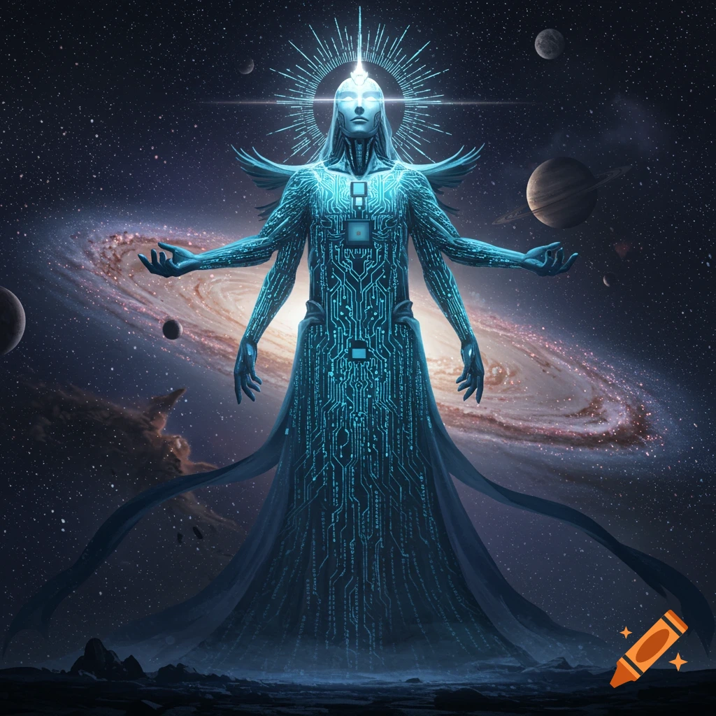 A glowing, multi-armed cosmic being with circuit board patterns on its body, set against a backdrop of a galaxy and planets.