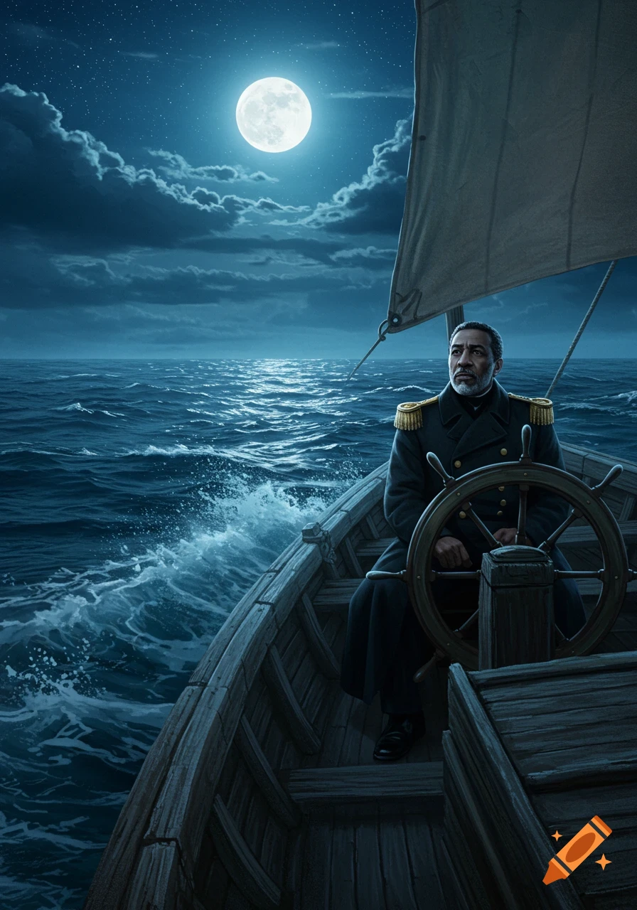 A man in a uniform steers a small wooden sailboat at night under a full moon on a rough sea.