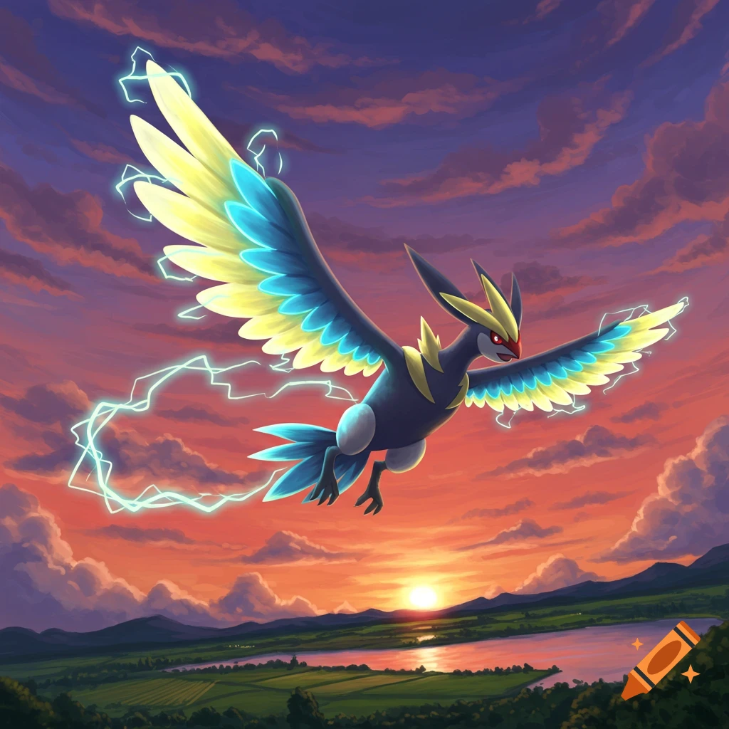 A majestic electric bird-like Pok 00e9mon with blue, yellow, and black wings flies across a vibrant sunset sky over a green landscape.