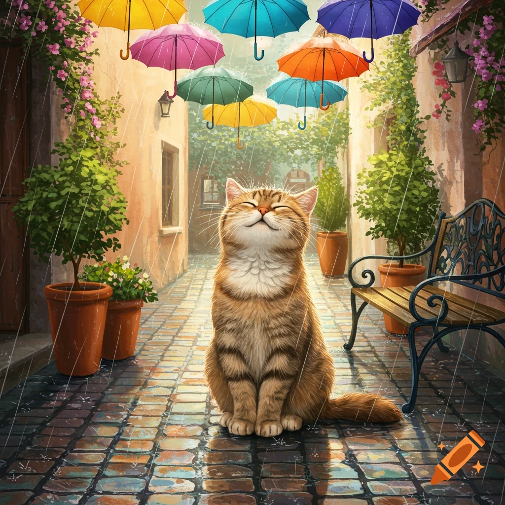A happy tabby cat sitting on a wet cobblestone street, smiling under colorful umbrellas in the rain.