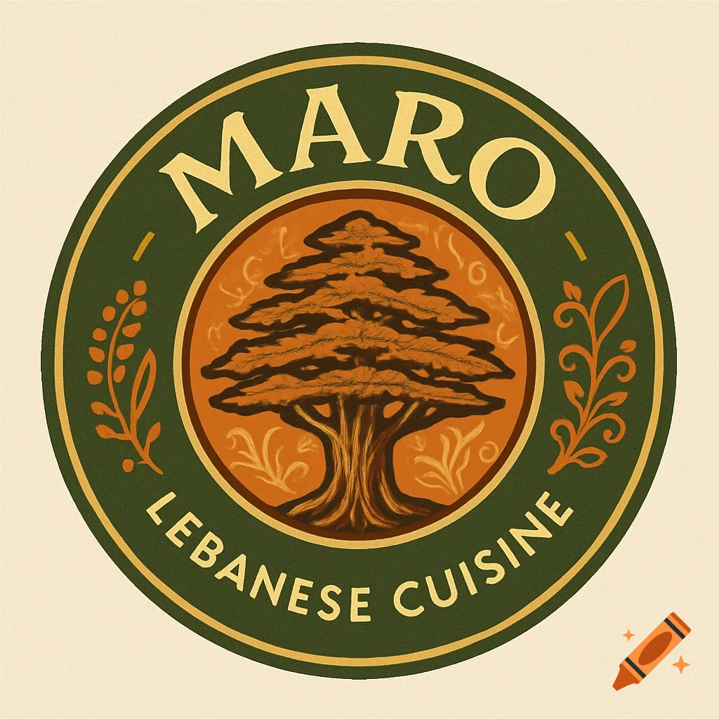 A round logo for MARO Lebanese Cuisine featuring a stylized cedar tree in brown and orange on a green and cream background.