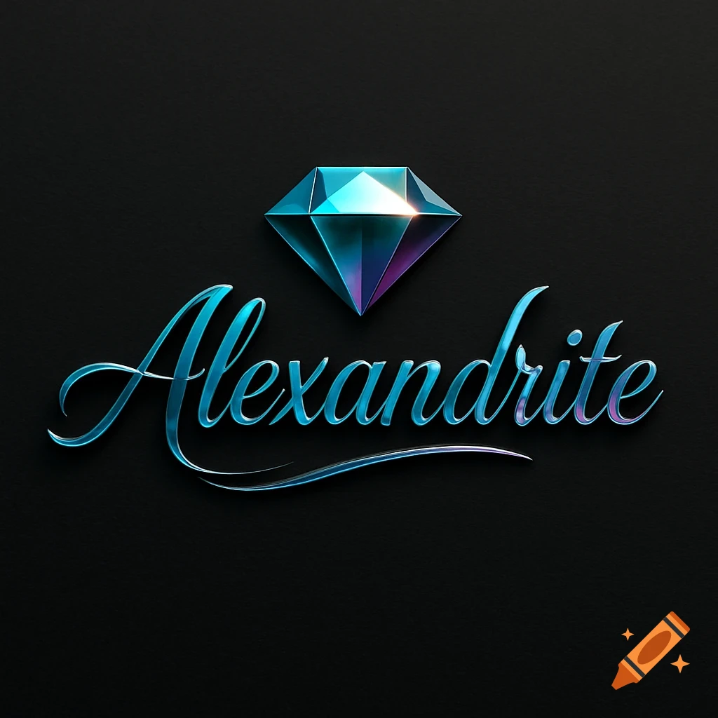 A shiny blue and purple diamond sits above the metallic-looking, script word 'Alexandrite' on a black background.