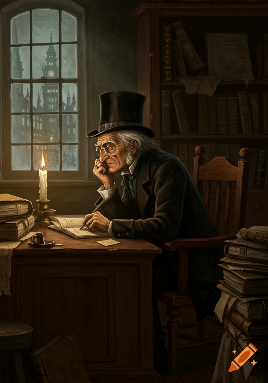 An old man in a top hat and glasses sits at a desk by candlelight, reading an open book. Tall city buildings are visible through the window.