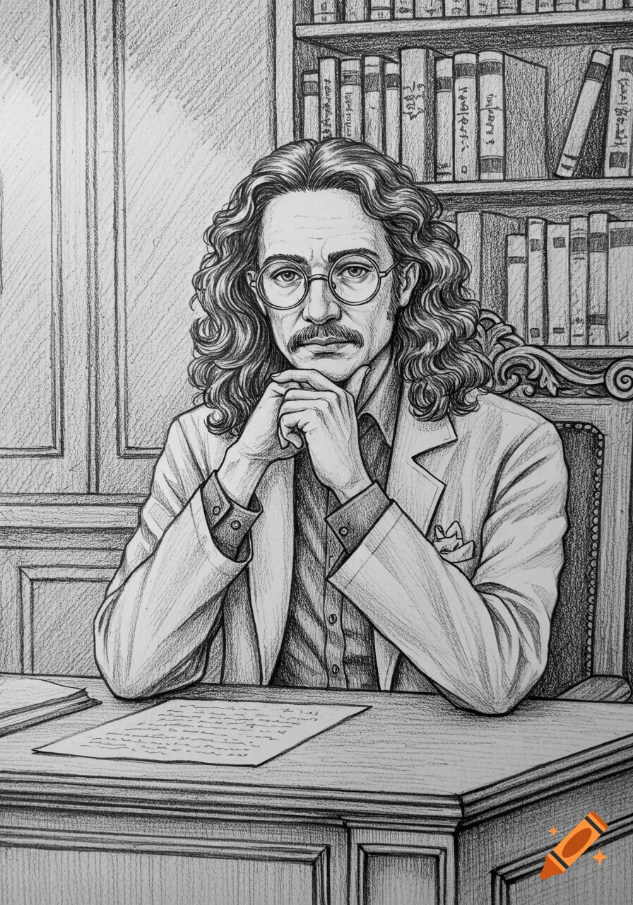 Pencil drawing of a man with curly hair, glasses, and mustache sitting at a desk in a library.