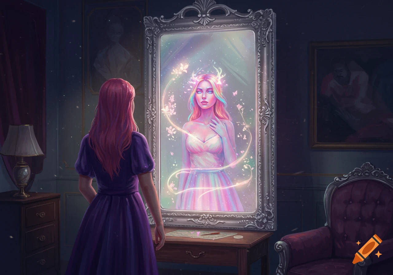 Pink-haired woman in purple dress gazes into a mirror reflecting an ethereal, glowing self with a flowery crown. Digital art.