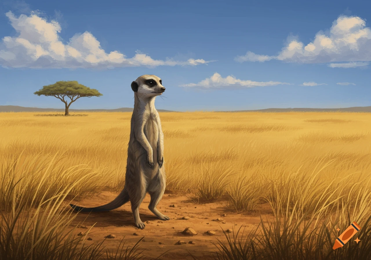 An illustrative meerkat stands upright in a dry, grassy savanna under a blue sky with clouds and a distant acacia tree.