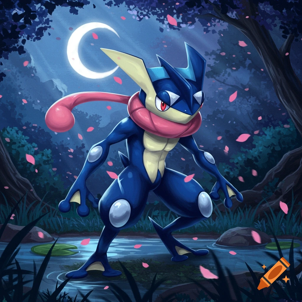 A stylized illustration of Greninja, a blue ninja-like Pokémon, standing in a moonlit forest by a pond with falling pink cherry blossom petals.