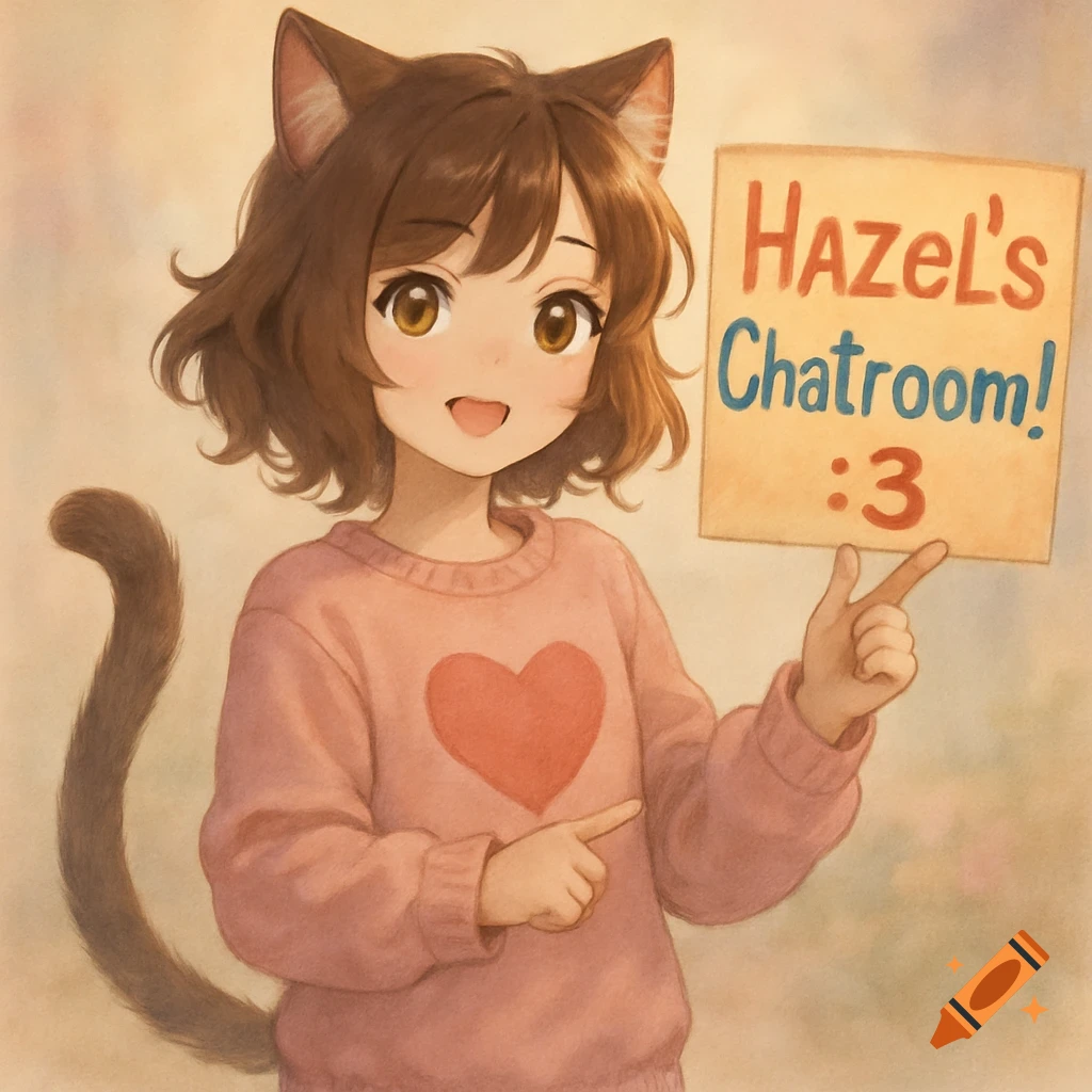 A cute anime catgirl with brown hair in a pink heart sweater holds a sign that reads 'HAZEL'S Chatroom! :3'.